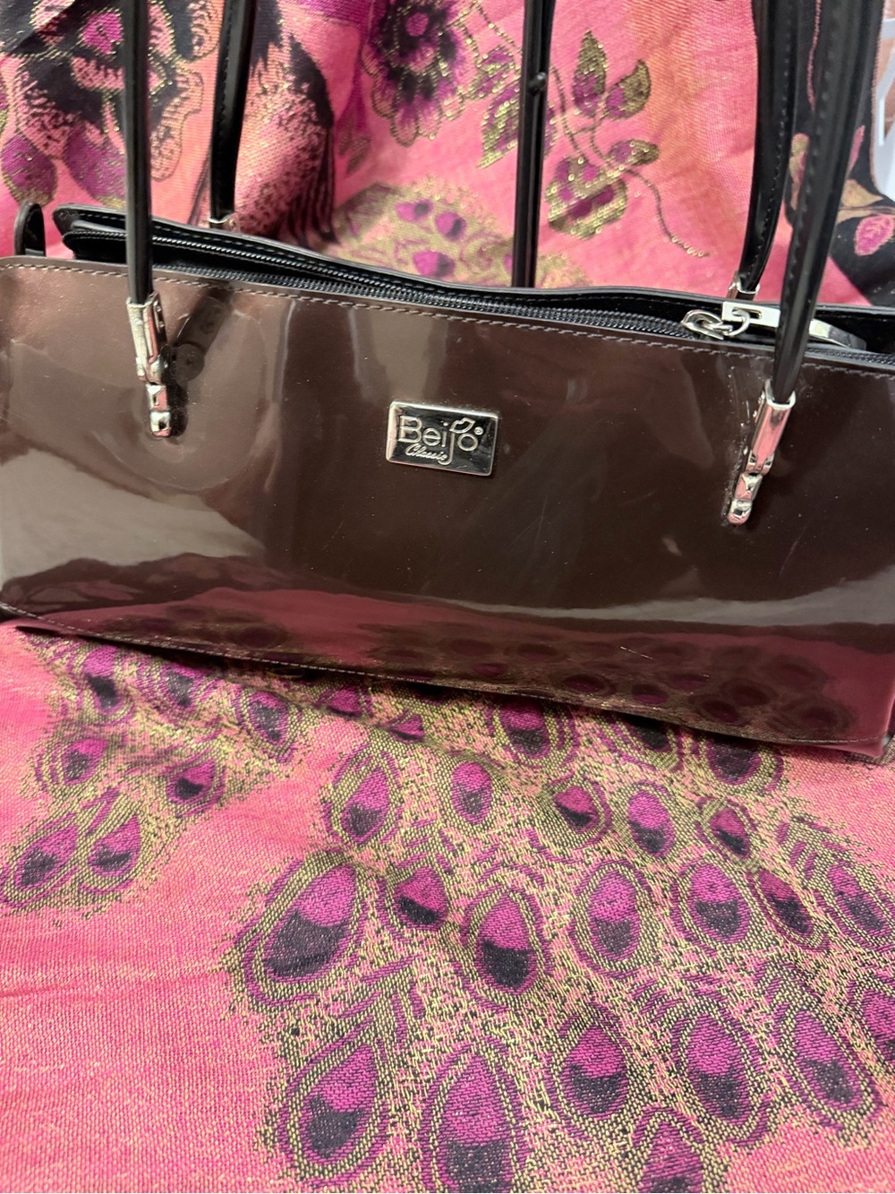 Beijo Brown Patent Shoulder Bag with Silver Accents